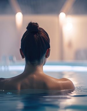 beautiful woman from behind relaxing in a jacuzzi.